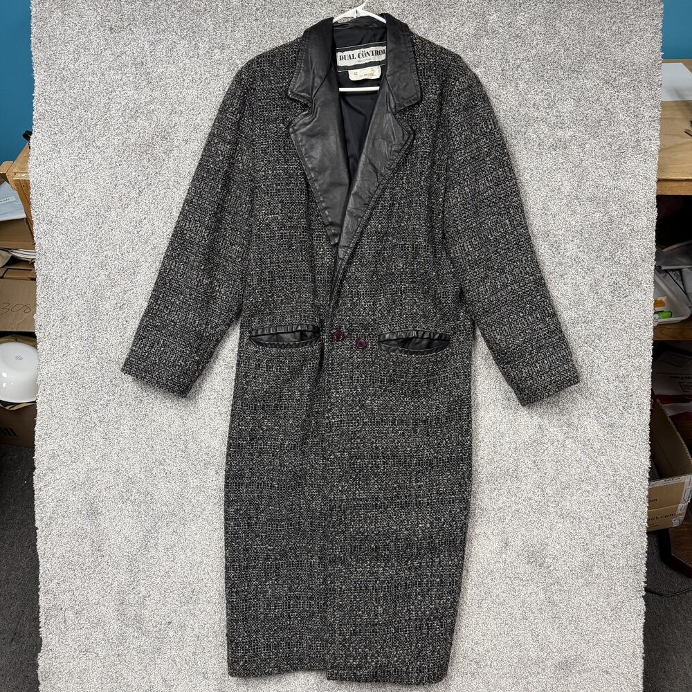Vintage 90s Dual Control Coat S Gray Wool Tweed Long Overcoat Leather Trim Lined